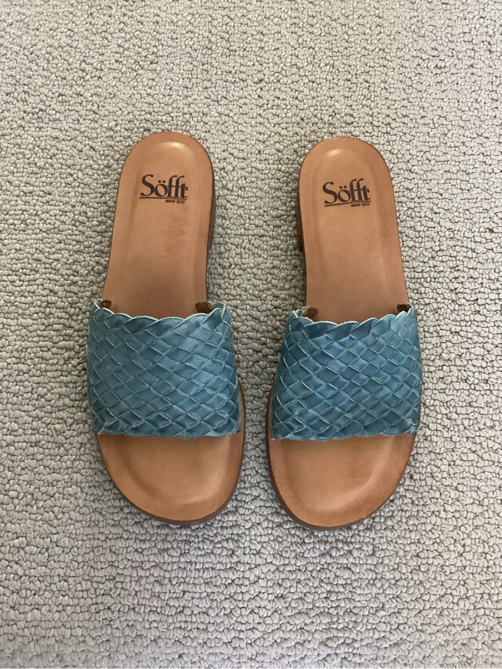 Söfft Teal/Blue Woven Leather Slide Sandals